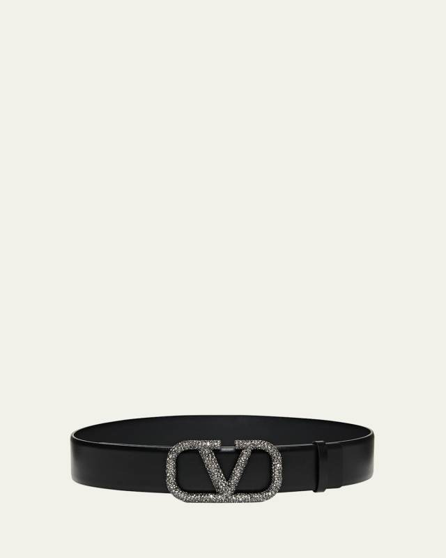 Embellished V-Logo Smooth Leather Belt